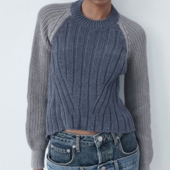 NWT Zara Blue & Grey Open Back Sweater Sz. M - Picture 1 of 3